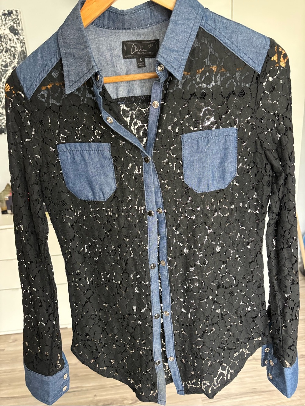 Vintage Lace & Chambray Button-Up Top